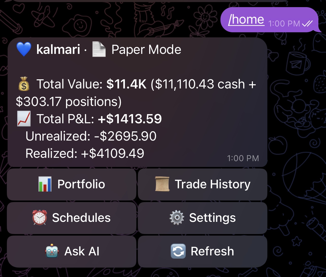 Kalmari home view in Telegram — paper-mode dashboard with portfolio, trade history, schedules, and Ask AI controls.